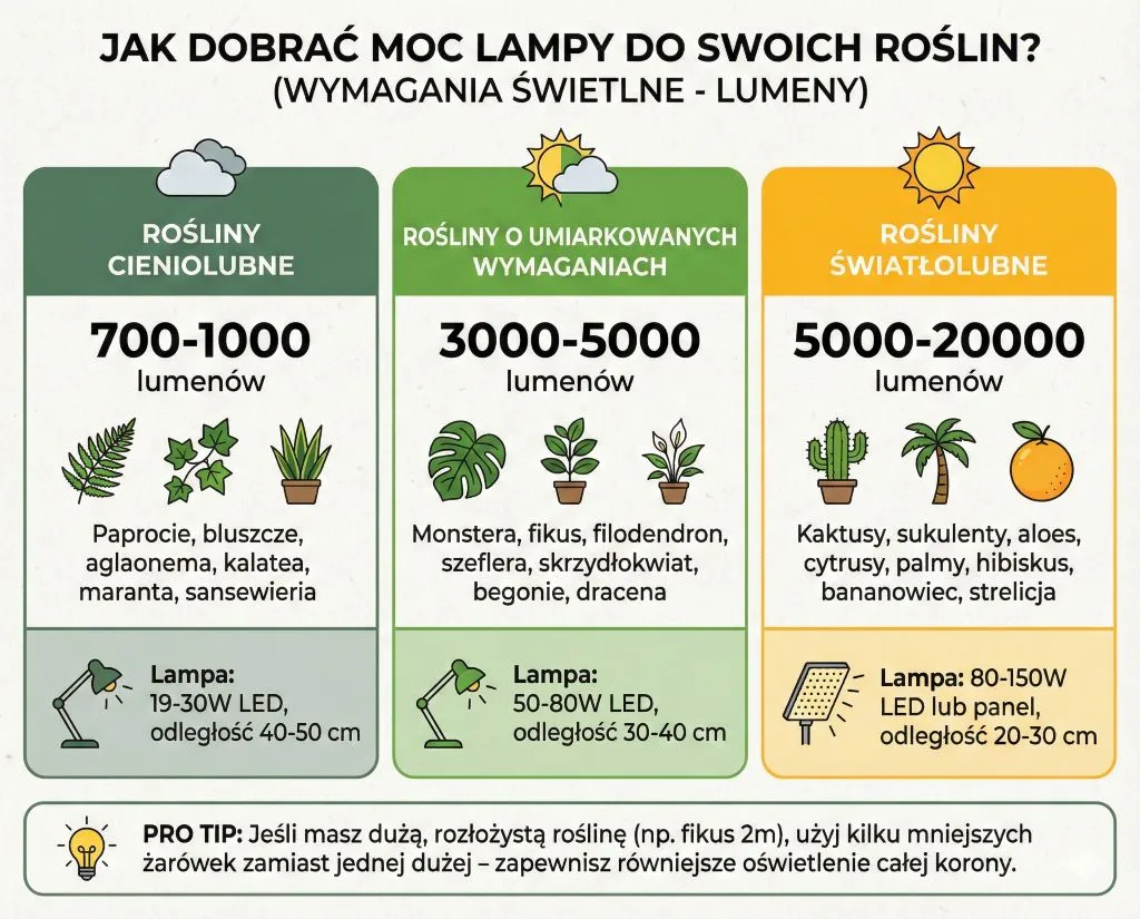 Tabela z ikonami roslin i wymaganiami lumenow